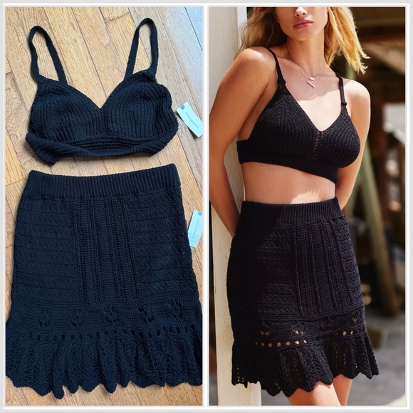 NWT by Anthropologie Black Crochet Knit Skirt Bralette Top Set 100% Cotton Small - Picture 1 of 13
